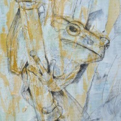 Acrylbild eine stilisierten gelben Frosches vor schwarz-weissem  Hintergrund